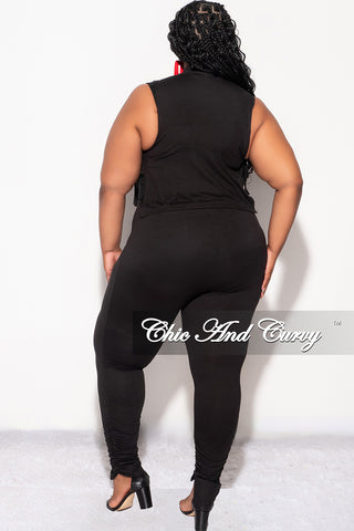 Final Sale Plus Size 2pc Mock Neck Side Knot Tie Crop Top and Ruched Pants Set in Black