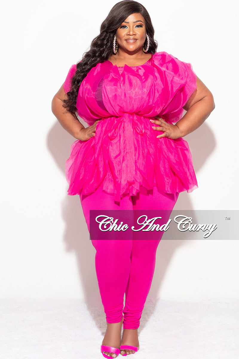 Final Sale Plus Size 2pc Sleeveless Ruffle Tulle Top and Pants Set in Fuchsia
