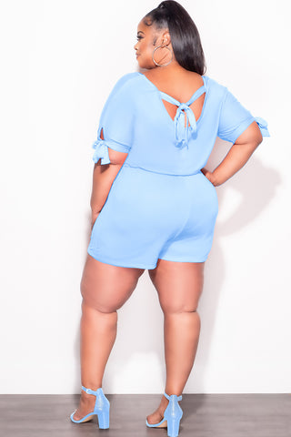 Final Sale Plus Size French Terry Romper with Self Tie Back in Soft Blue