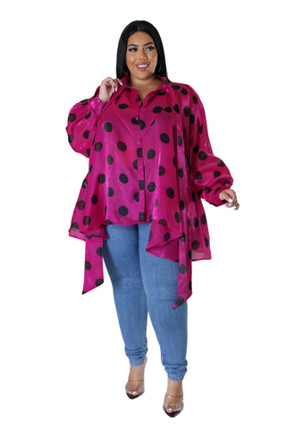 Final Sale Plus Size Button Up Oversized Neck Tie Top in Fuchsia and Black Polka Dots