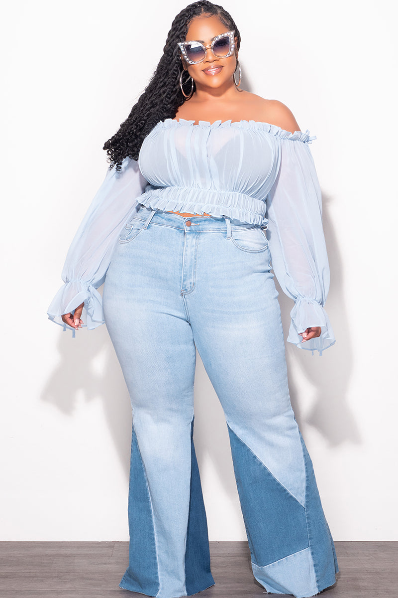 Final Sale Plus Size Chiffon Sheer Balloon Sleeve Crop Top in Light Blue