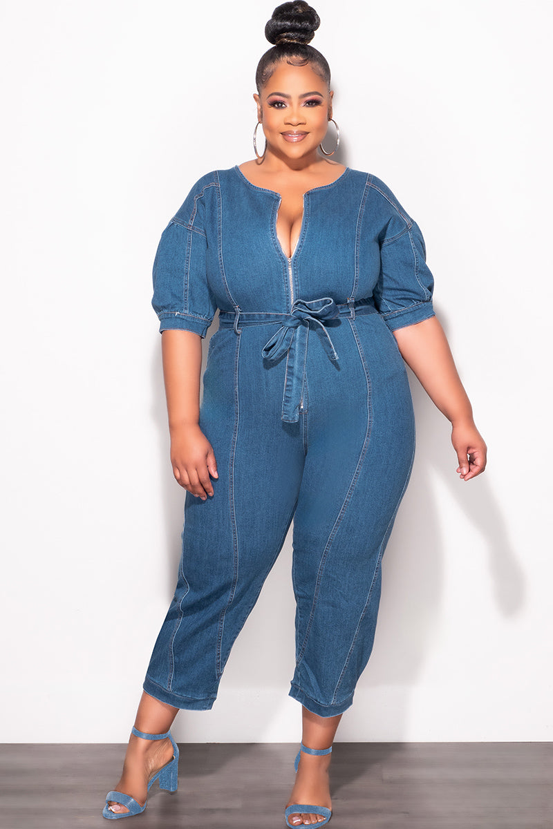 Final Sale Plus Size Cropped Zip-Up Wide Leg Jumpsuit in Dark