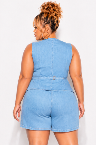Final Sale Plus Size 2pc Sleeveless Blazer Vest Short Set in Denim