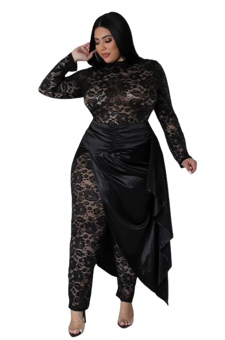 Final Sale Plus Size 2pc Lace Jumpsuit Set with Satin Skirt in Black