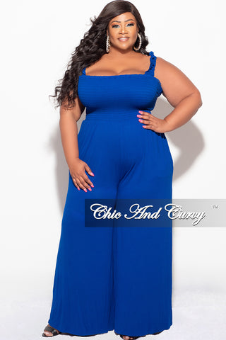 Final Sale Plus Size Jumpsuit with Smocking & Elastic Straps in Blue