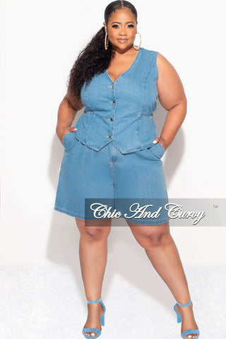 Final Sale Plus Size 2pc Sleeveless Blazer Vest Short Set in Denim