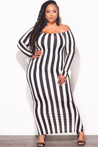 Final Sale Plus Size Off The Shoulder BodyCon Midi Dress in Black & Beige Stripes