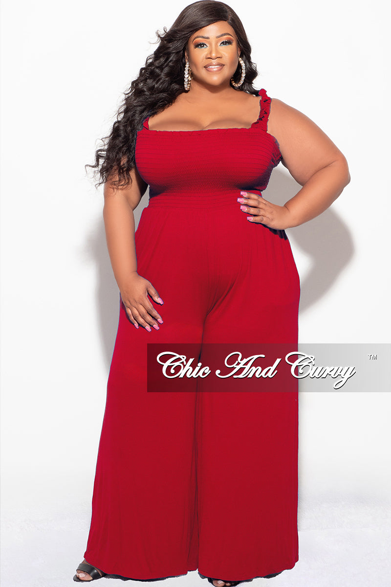 Final Sale Plus Size Jumpsuit with Smocking & Elastic Straps in Red