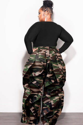 Final Sale Plus Size Wide Leg Drawstring Oversized Windbreaker Wavy Pants in Dark Camouflage Print