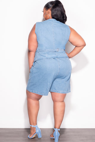 Final Sale Plus Size 2pc Sleeveless Blazer Vest Short Set in Denim