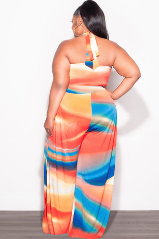 Final Sale Plus Size 2pc Set Self Tie Top & Pants in Red, Royal, Blue and Orange Multi Color Print Summer