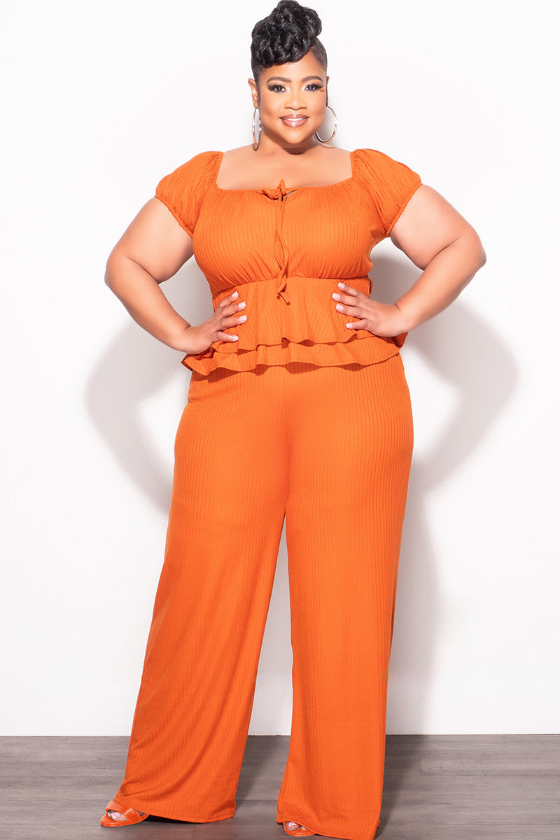 Final Sale Plus Size 2pc Ribbed Peplum Top and Pants Set in Orange