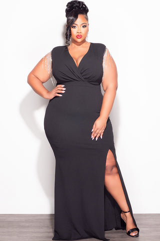 Final Sale Plus Size Faux Wrap Rhinestone Fringe Sleeve Maxi Dress in Black