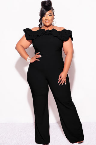 Final Sale Plus Size Off the Shoulder Ruffle Trim Jumpsuit in Black