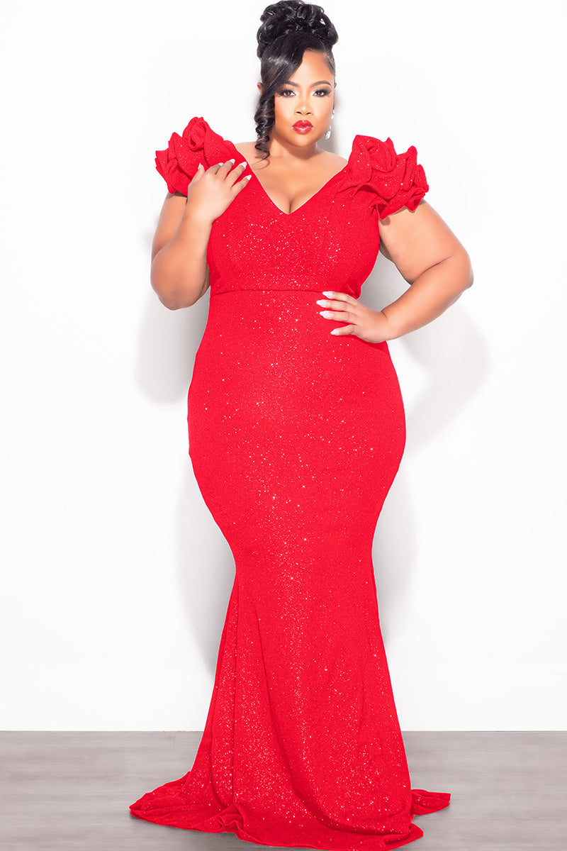 Final Sale Plus Size Gown with Layered Sleeves in Glitter Red Fabric - 1x 14/16 Final Sale Plus Size Gown with Layered Sleeves in Glitter Red Fabric - 1x 14/16