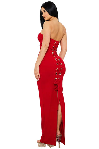 Final Sale Strapless Lace Up Maxi Dress in Red