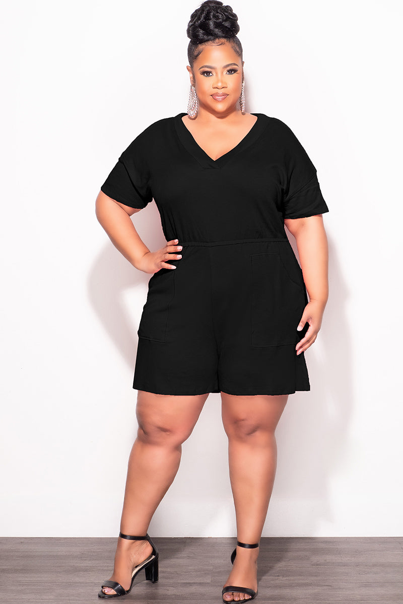 Final Sale Plus Size Short Sleeve French Terry V Neck Romper in Black