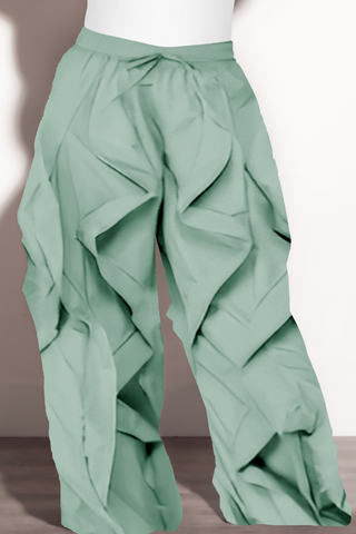 Final Sale Plus Size Wide Leg Drawstring Oversized Windbreaker Wavy Pants in Sage Green