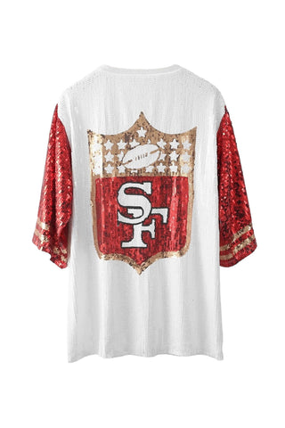 Final Sale Plus Size Sequin 49ERS Jersey Top in White Red and Gold