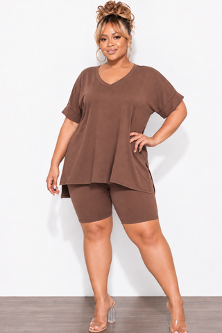 Final Sale Plus Size 2pc V-Neck Tunic Top and Matching Shorts Set in Brown