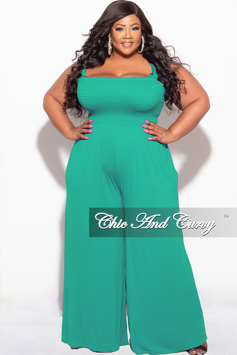 Final Sale Plus Size Jumpsuit with Smocking & Elastic Straps in Kelly Green