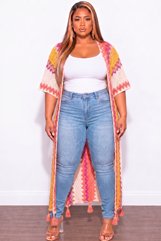 Final Sale Plus Size Knitted Cardigan with Bottom Tassels in Pink & Yellow Multi-Color