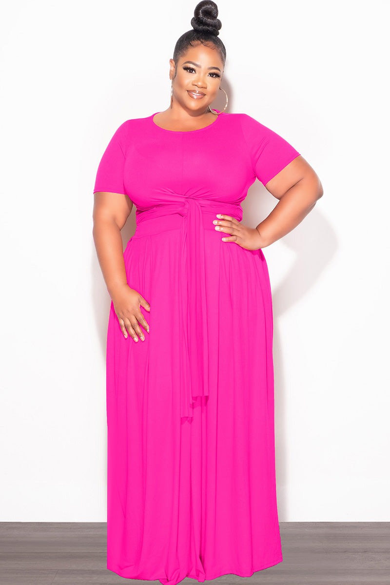 Final Sale Plus Size 2pc Short Sleeve Tie Top and Skirt Set in Hot Pink