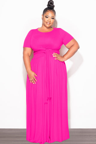 Final Sale Plus Size 2pc Short Sleeve Tie Top and Skirt Set in Hot Pink