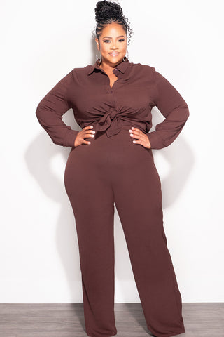 Final Sale Plus Size 2pc Oversized Button Up Collar Top and Pants Set in Dark Brown