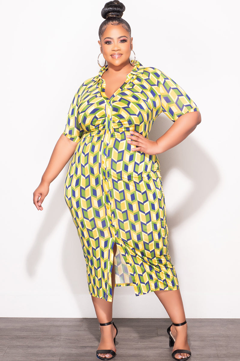 Final Sale Plus Size Collar Button Up BodyCon Dress in Blue, Green & Yellow