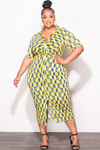 Final Sale Plus Size Collar Button Up BodyCon Dress in Blue, Green & Yellow - 3x 22 Final Sale Plus Size Collar Button Up BodyCon Dress in Blue, Green & Yellow - 3x 22