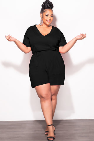 Final Sale Plus Size Short Sleeve French Terry V Neck Romper in Black