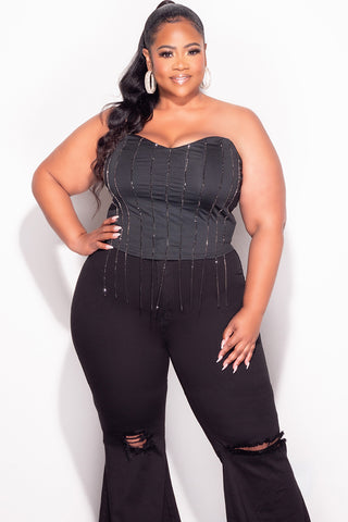 Final Sale Plus Size Fringe Rhinestone Tube Top in Black