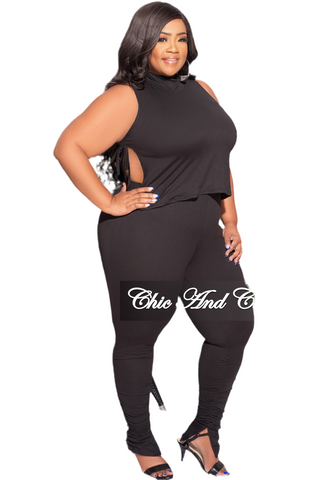 Final Sale Plus Size 2pc Mock Neck Side Knot Tie Crop Top and Ruched Pants Set in Black