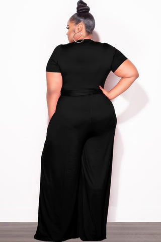 Final Sale Plus Size 2pc Short Sleeve Tie Top and Pants Set in Black