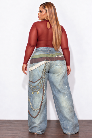Final Sale Plus Size Printed Jeans With Flare Legs Belt & Starfish Print