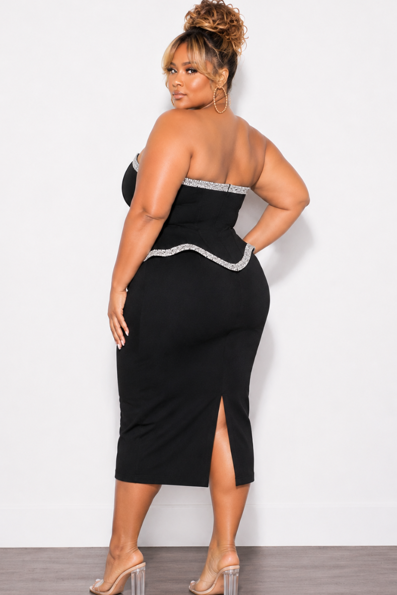 Final Sale Plus Size Lux Strapless Dress with Bling Trim in Black Chic And Curvy Final Sale Plus Size Lux Strapless Dress with Bling Trim in Black Chic And Curvy