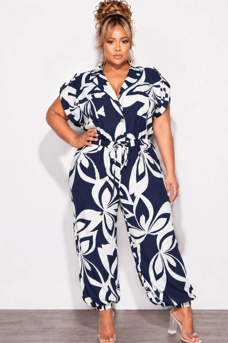 Final Sale Plus Size Rolled Cap Sleeve Jumpsuit In Navy & Ivory