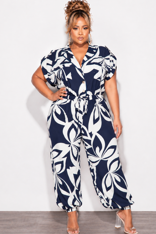 Final Sale Plus Size Rolled Cap Sleeve Jumpsuit In Navy & Ivory
