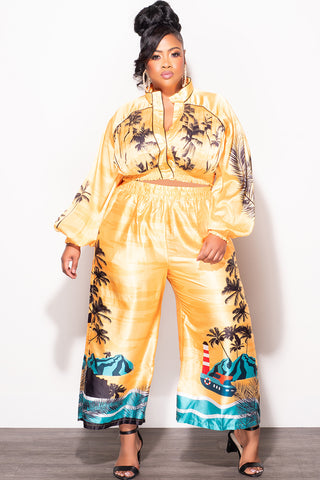 Final Sale Plus Size 2pc Satin Set with Crop Top and Culottes Pants in Mustard Palm Print