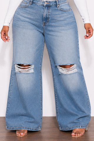 Final Sale Plus Size Baggie Wide Leg Distressed Jeans in Denim