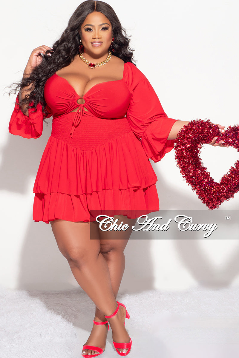 Final Sale Plus Size 2pc Set Off the Shoulder Crop Tie Top and Ruffle Layered Hem Mini Skirt in Red