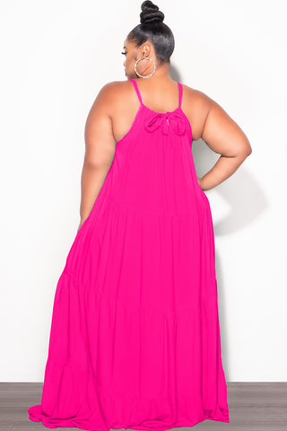 Final Sale Plus Size Long Halter Dress with Back Tie in Hot Pink