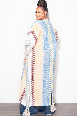 Final Sale Plus Size Knitted Cardigan with Bottom Tassels in White Blue Yellow Tan and Brown