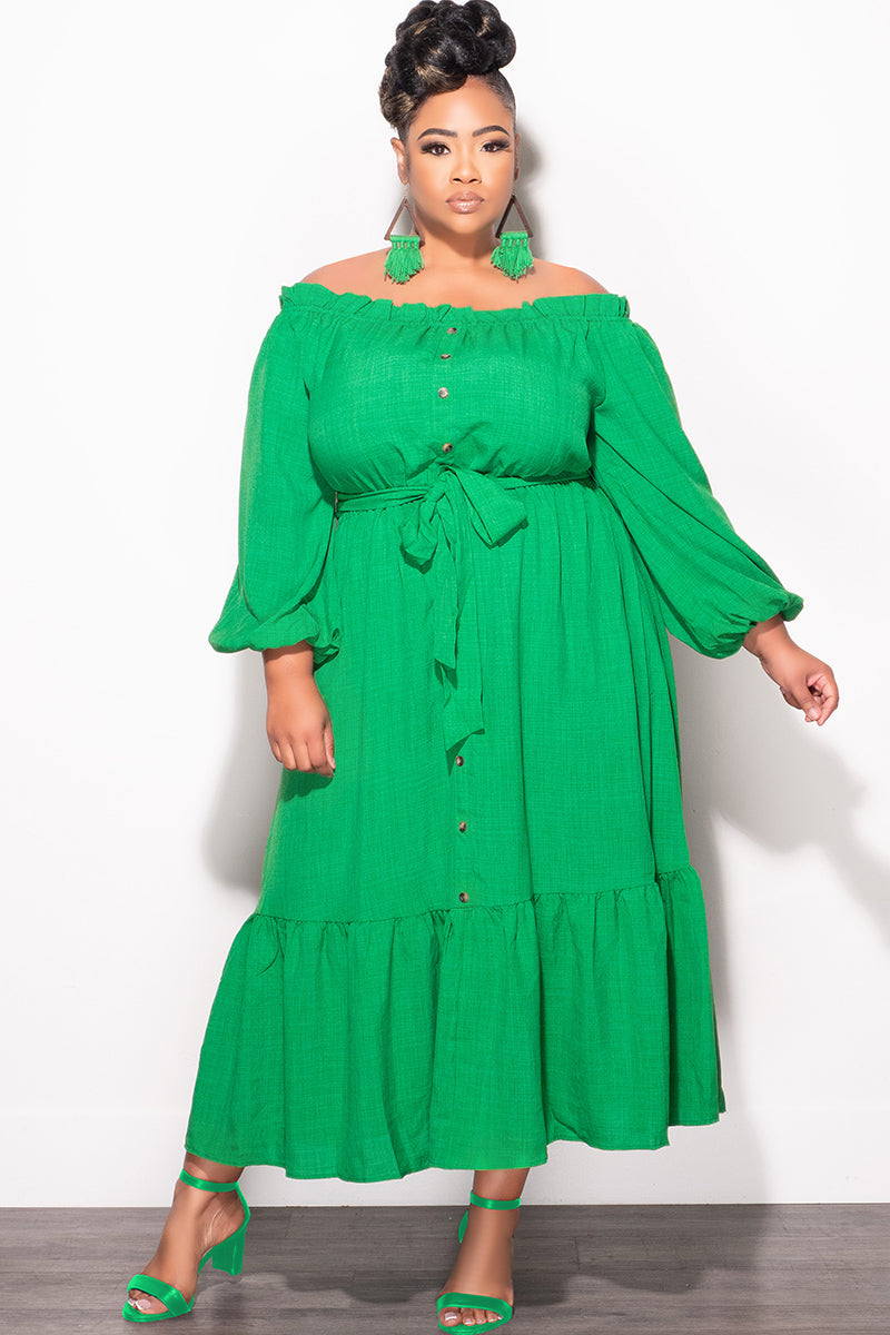 Final Sale Plus Size Off The Shoulder Dress with Tie in Green - 1x 14/16 Final Sale Plus Size Off The Shoulder Dress with Tie in Green - 1x 14/16