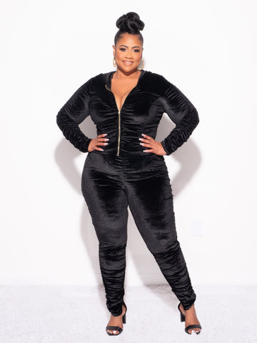 Final Sale Plus Size 2pc Ruched Hooded Zip-Up Top and Pants Set in Black Velvet