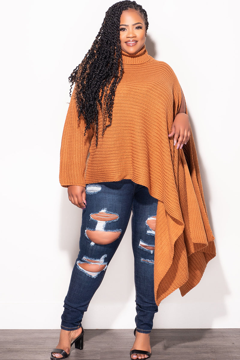 Final Sale Plus Size One Shoulder Turtleneck Poncho in Rust