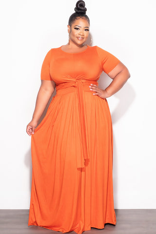 Final Sale Plus Size 2pc Short Sleeve Tie Top and Skirt Set in Orange