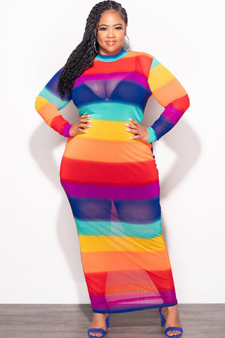 Final Sale Plus Size Sheer Mesh Bodycon Dress in Rainbow Stripes
