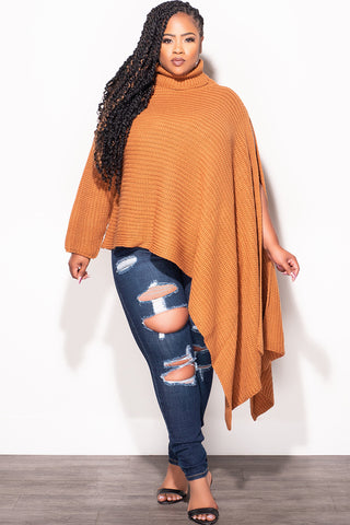 Final Sale Plus Size One Shoulder Turtleneck Poncho in Rust